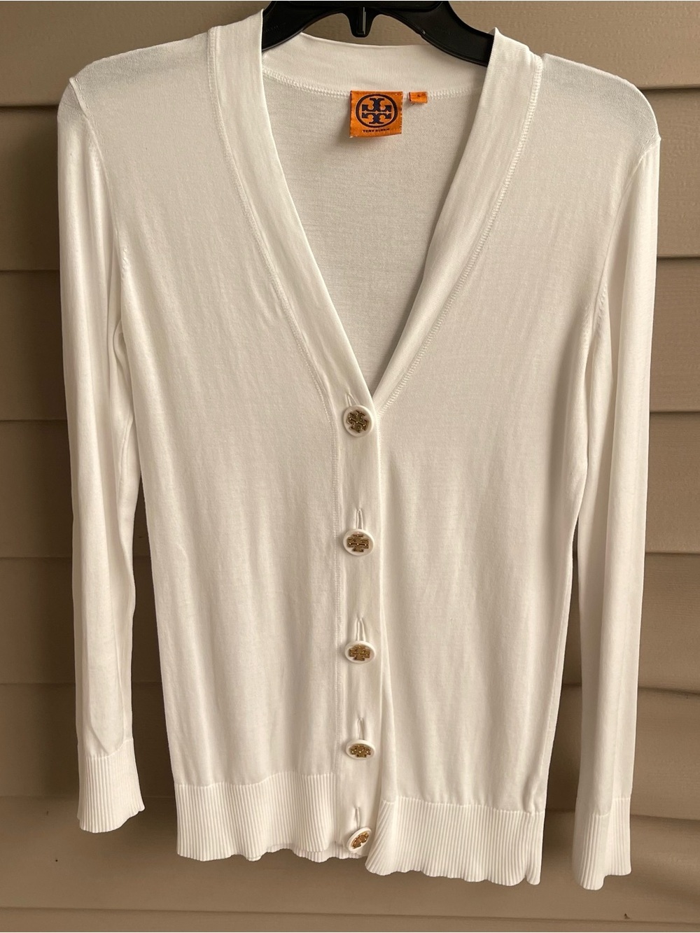 Tory Burch Simone V-Neck Cardigan Gold Logo Buttons Size S White Clean Girl